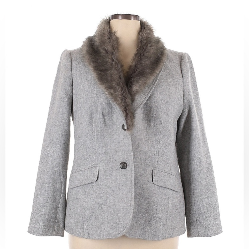 16 XL Talbots grey wool blend blazer lined faux fur collar